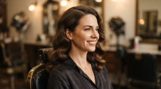 Woman in salon chair with chestnut hair in matte-finished 1930s side-swept waves under warm tungsten light