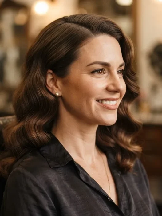 Woman in salon chair with chestnut hair in matte-finished 1930s side-swept waves under warm tungsten light