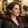 Woman in salon chair with chestnut hair in matte-finished 1930s side-swept waves under warm tungsten light