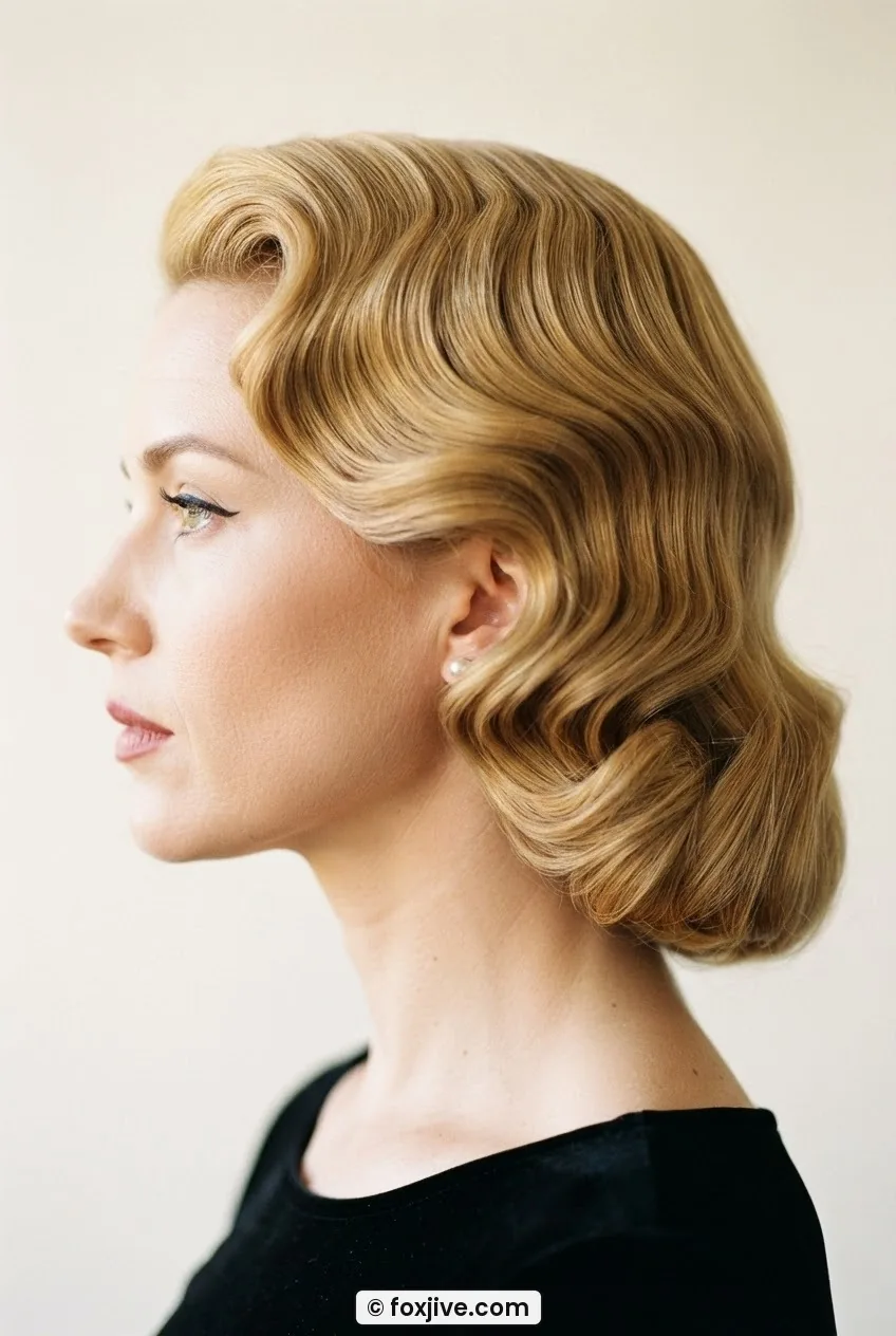 Side profile showing internal layer structure of a classic 1950s bombshell wave cut in warm golden blonde under bright clean light