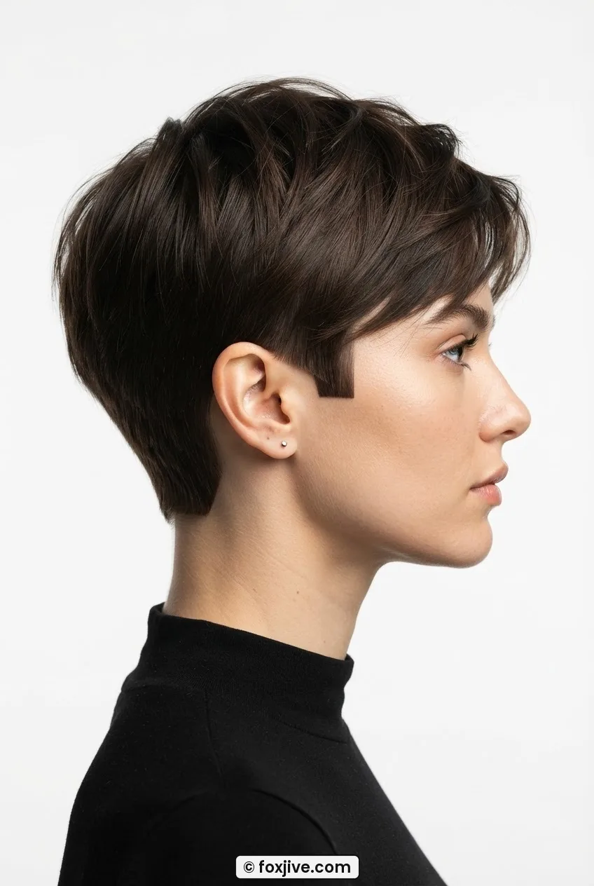 Woman with 2026 mod geometry pixie revival in side profile under hard white studio light showing sharp sideburn line and longer top