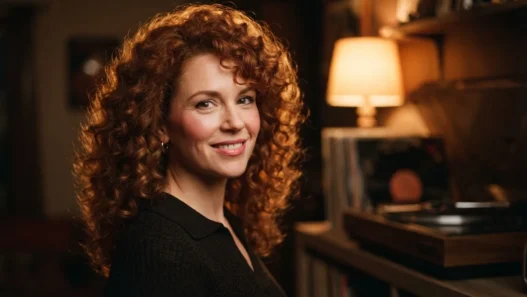 Woman with rich auburn 1980s spiral perm hair in warm lamplight beside a record player, head filling frame