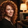 Woman with rich auburn 1980s spiral perm hair in warm lamplight beside a record player, head filling frame