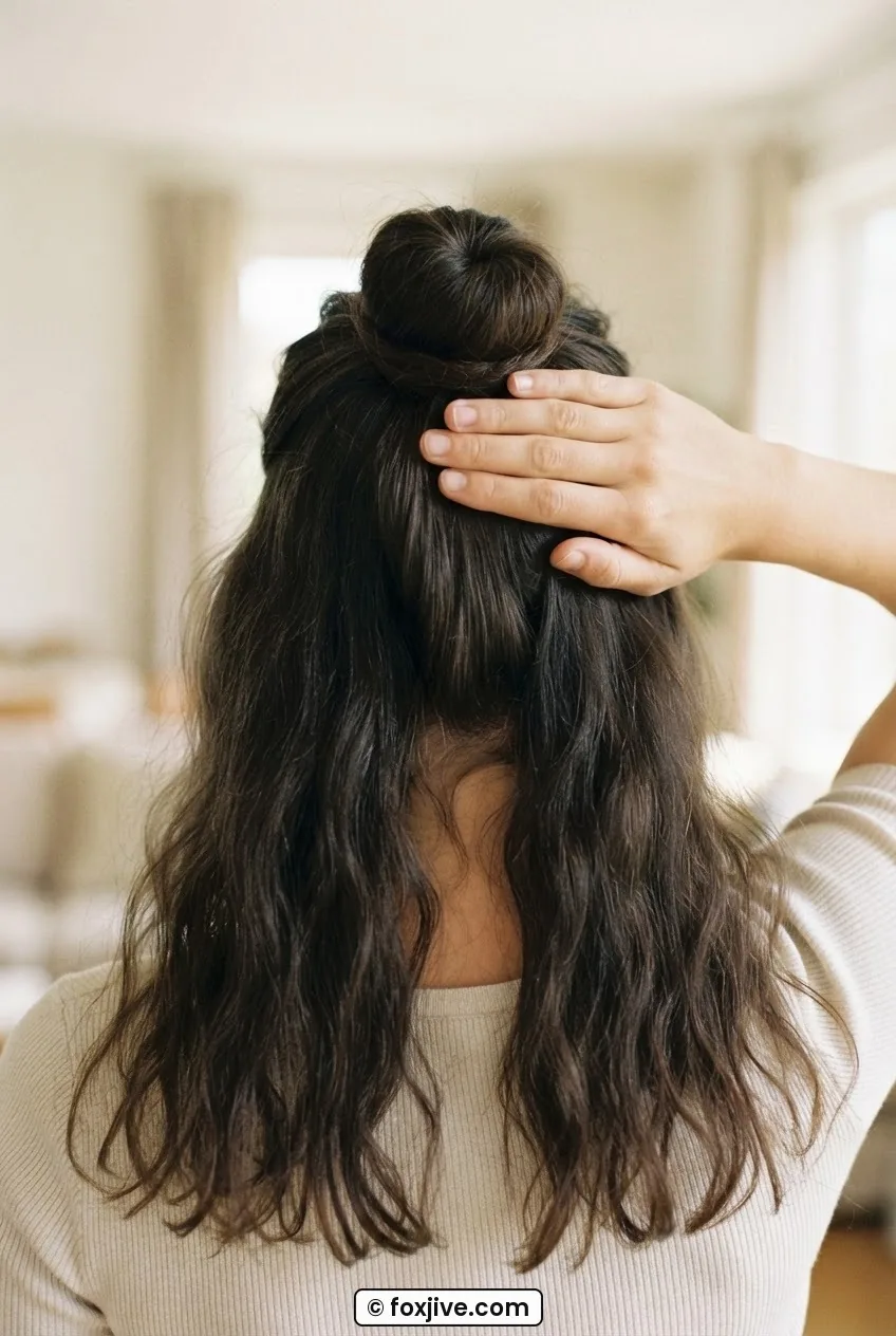 Back view of woman placing hand just above right ear to mark the correct space bun placement position