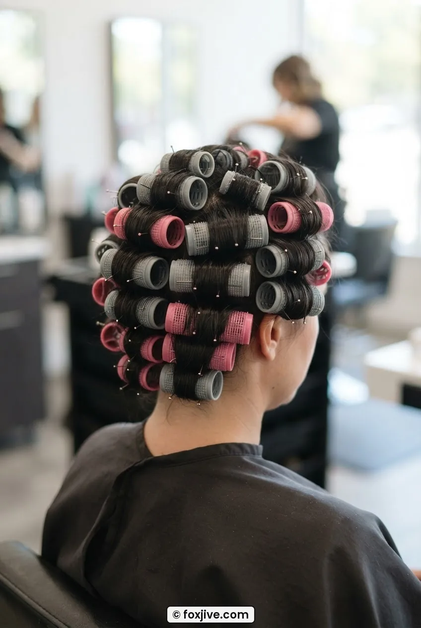 Rear view of a woman with a complete back-panel roller set in neat horizontal rows from crown to nape
