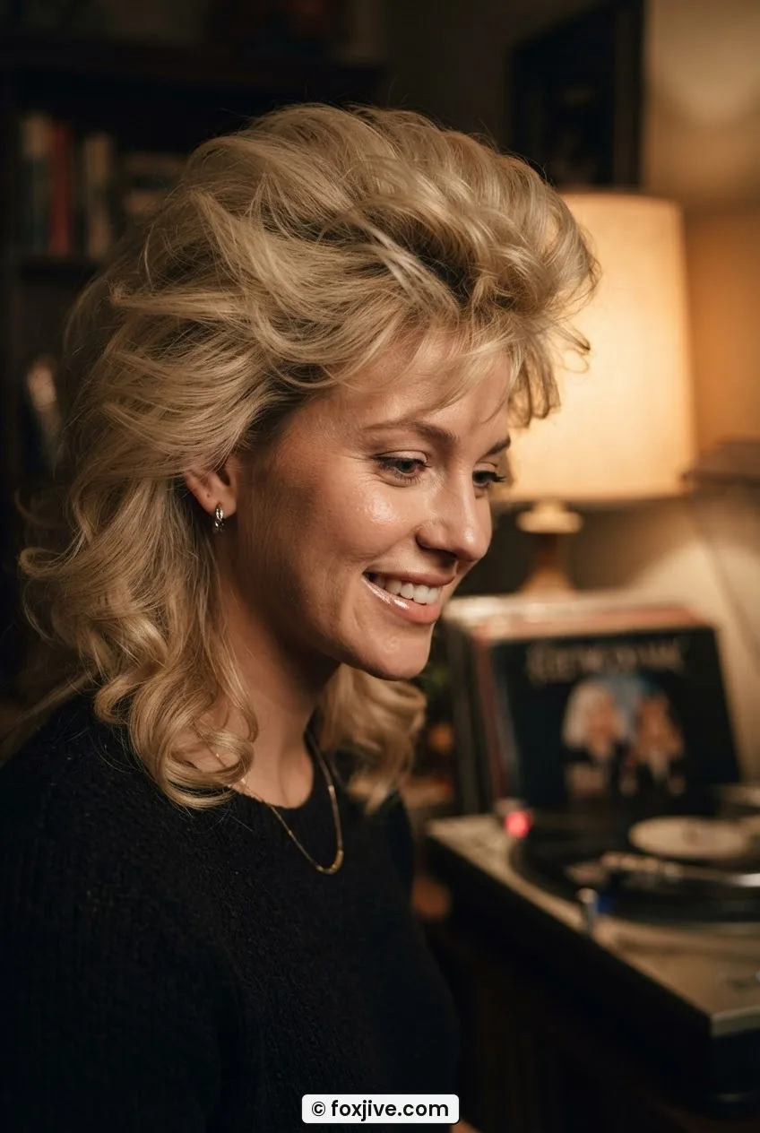 Woman with fully backcombed dramatic crown volume and soft blonde layers styled in 1980s fashion under warm lamp