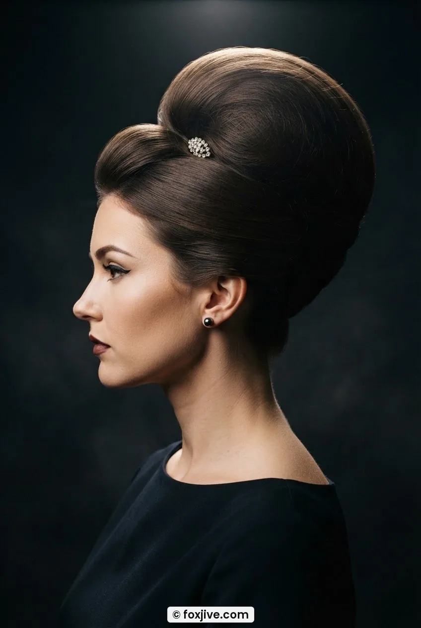 Woman in side profile with enormous backcombed retro updo piled high at crown with decorative pin