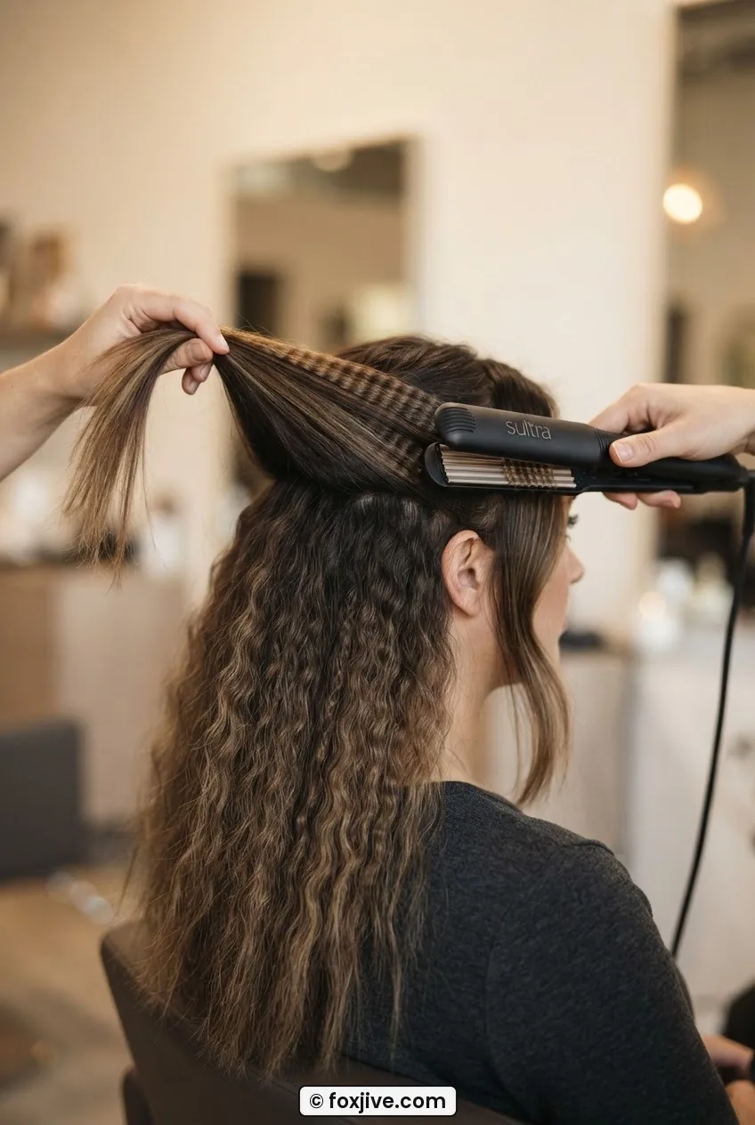 Woman holding a hair section angled backward at 45 degrees before closing the crimping iron showing lower crimped sections below