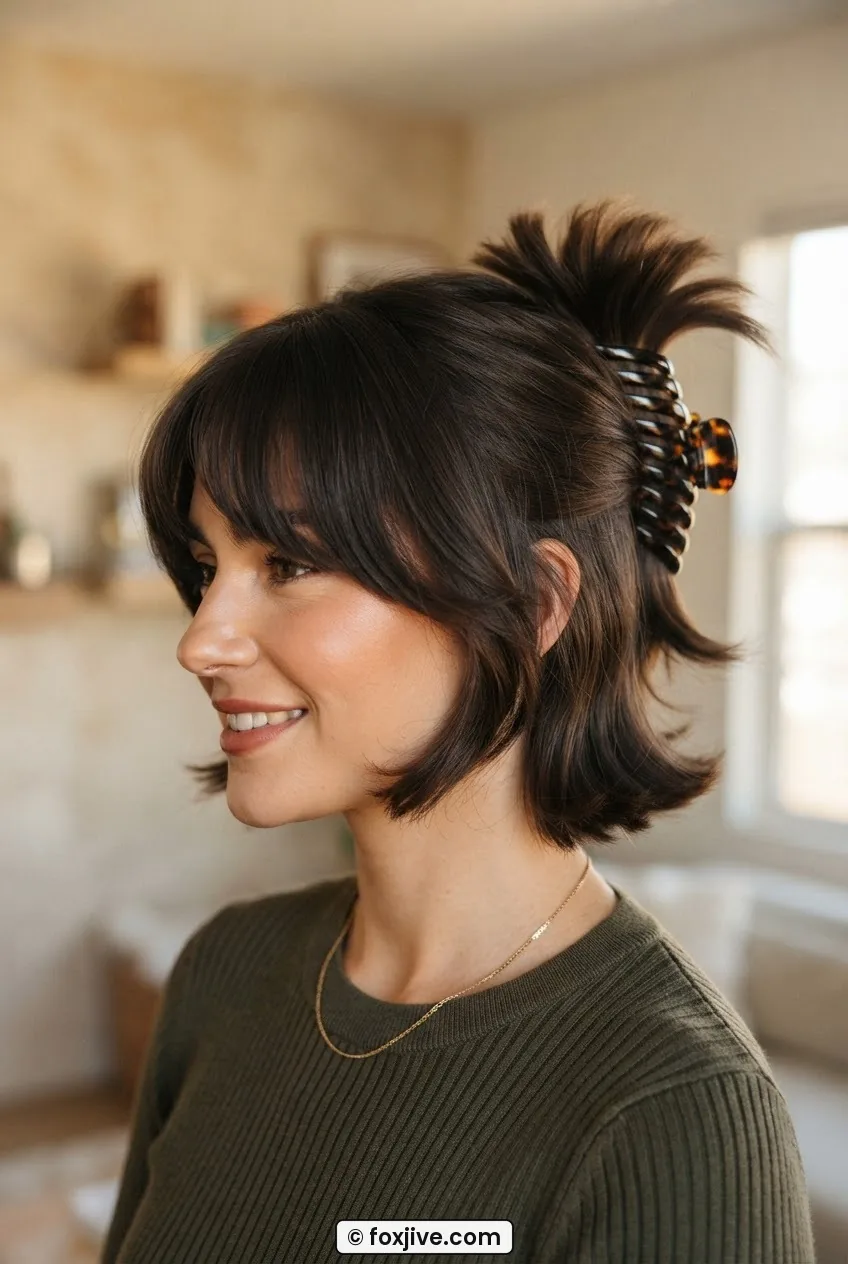 Woman with thick nineties layered cut wearing banana clip at back creating twisted column while curtain bangs fall freely forward