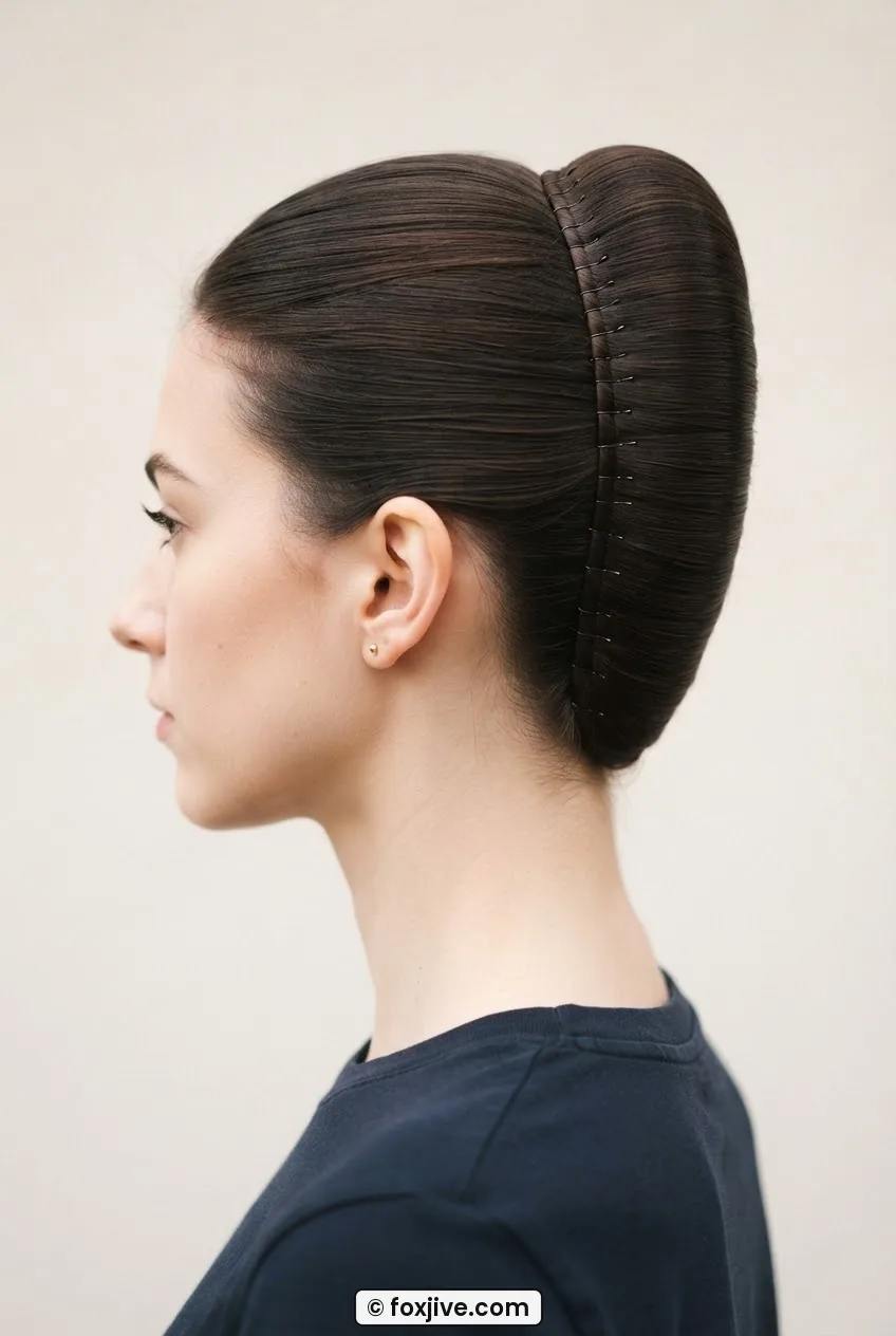 Woman in side profile wearing a long banana roll running vertically up the back of the head