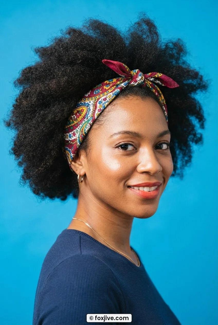 Woman with a voluminous blowout and patterned bandana tied over the top of her hair against a cerulean blue backdrop