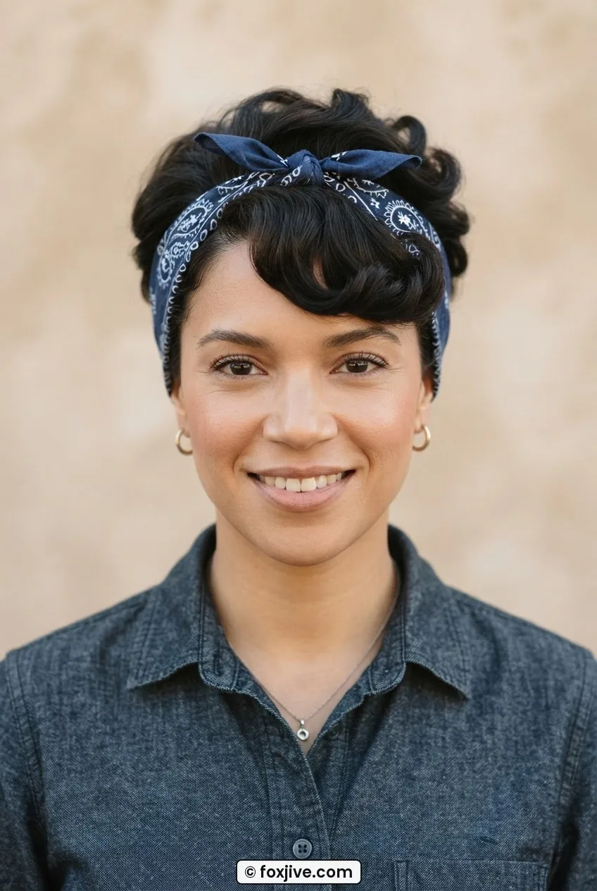 Woman wearing a folded bandana in headband position with softly waved hair visible above it, warm neutral backdrop