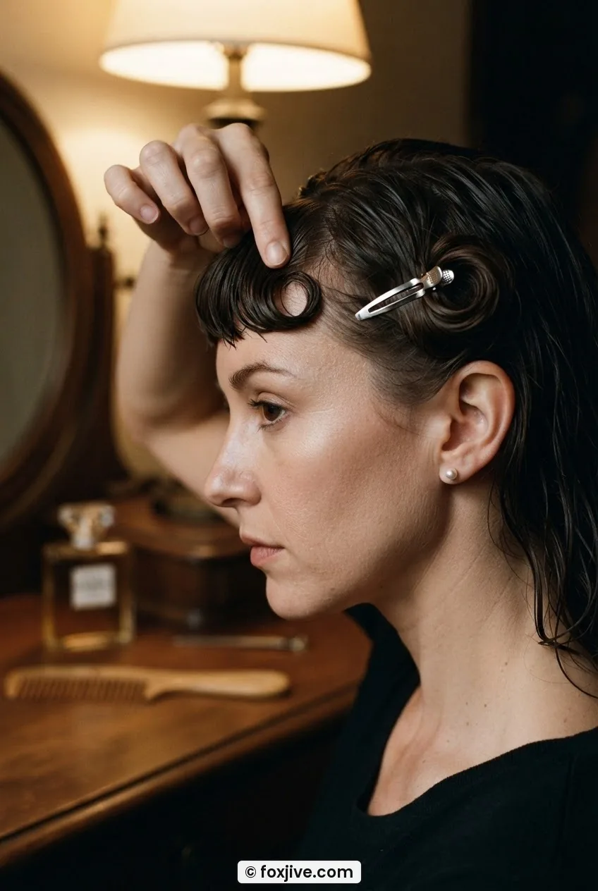 Woman's hands holding a small bang section of damp hair horizontally before coiling it flat toward her face