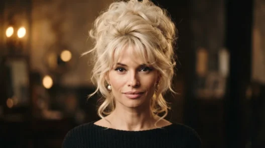Woman with voluminous tousled blonde updo styled in late 1950s French cinema fashion under warm golden studio light