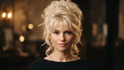 Woman with voluminous tousled blonde updo styled in late 1950s French cinema fashion under warm golden studio light