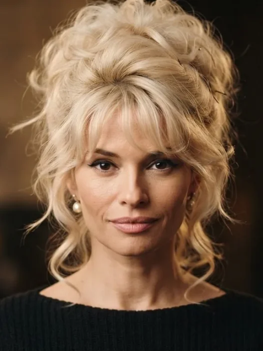 Woman with voluminous tousled blonde updo styled in late 1950s French cinema fashion under warm golden studio light