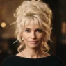 Woman with voluminous tousled blonde updo styled in late 1950s French cinema fashion under warm golden studio light