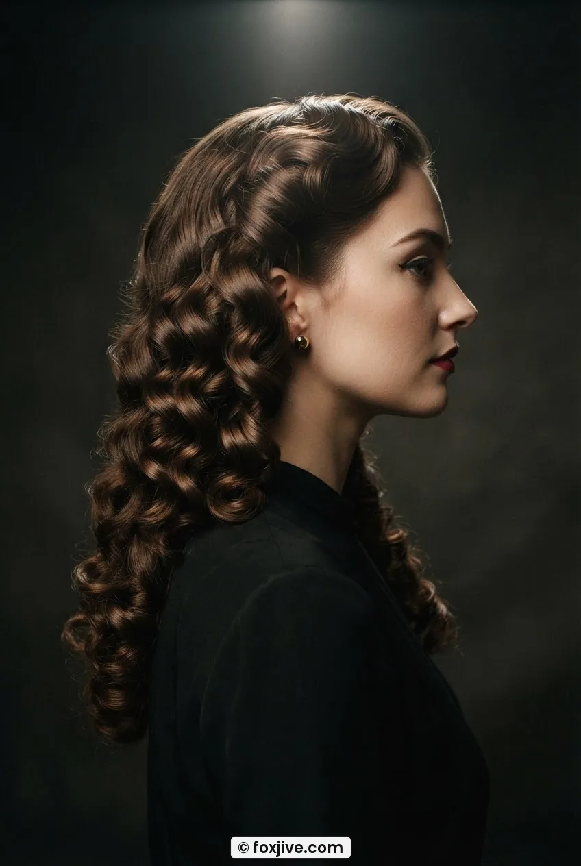 Side view of woman with full vintage barrel curls worn down, each curl a distinct ring under overhead light