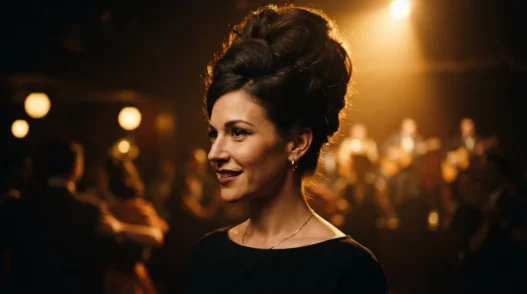 Woman with tall teased beehive updo at a dimly lit dance hall, warm amber stage lighting on silhouette
