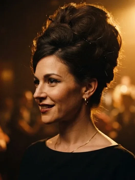 Woman with tall teased beehive updo at a dimly lit dance hall, warm amber stage lighting on silhouette
