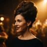 Woman with tall teased beehive updo at a dimly lit dance hall, warm amber stage lighting on silhouette