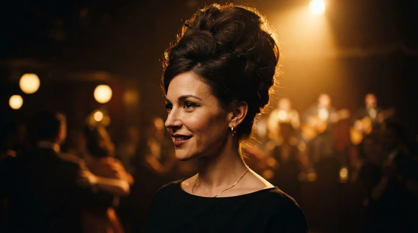 Woman with tall teased beehive updo at a dimly lit dance hall, warm amber stage lighting on silhouette