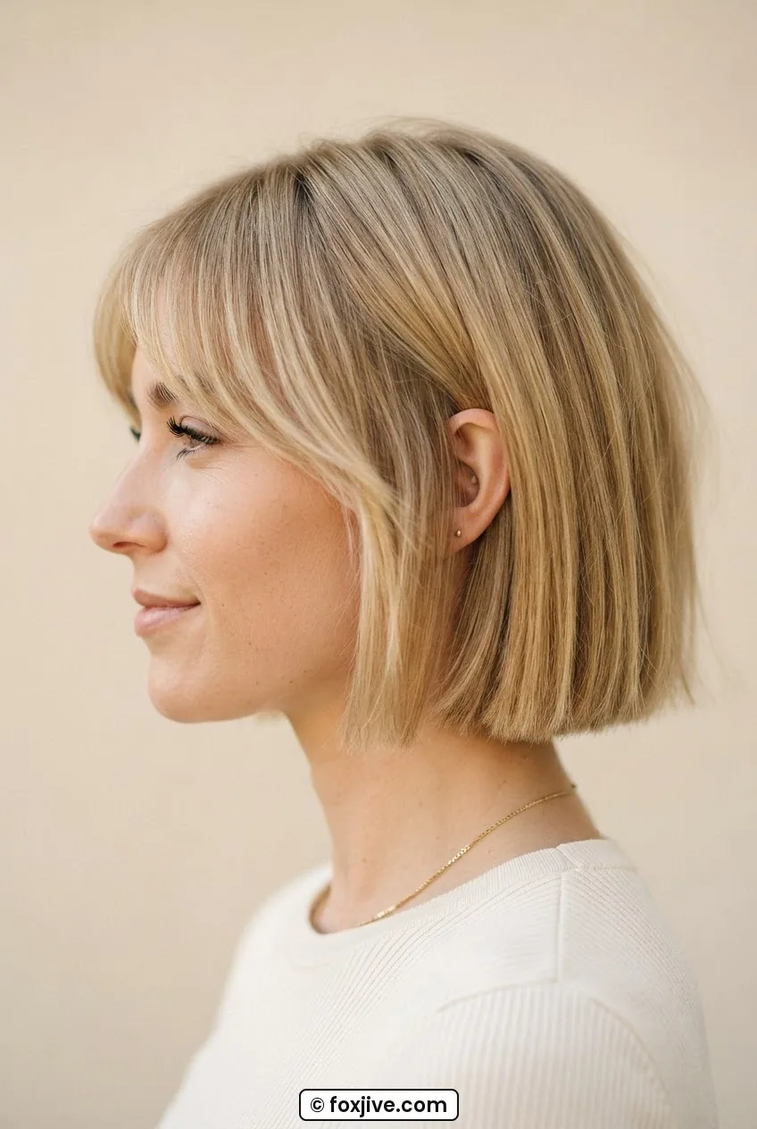 Woman with blonde french bob and curtain bangs swept softly to frame the face in side profile
