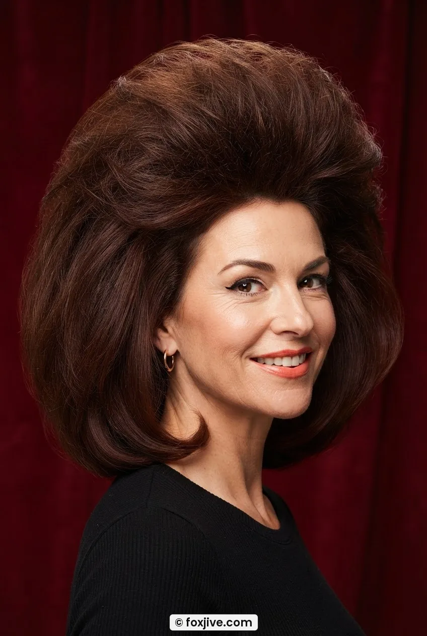 Woman with a wide blowout pyramid silhouette showing maximum root volume and smooth ends against a deep red studio backdrop