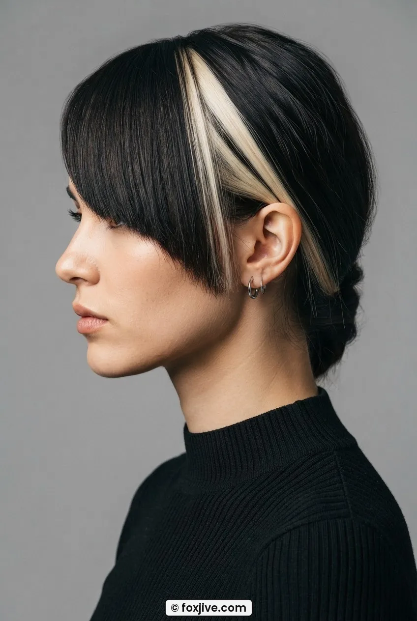 Woman with blunt-edged deep side sweep fringe covering one eye with a bold blonde highlight stripe