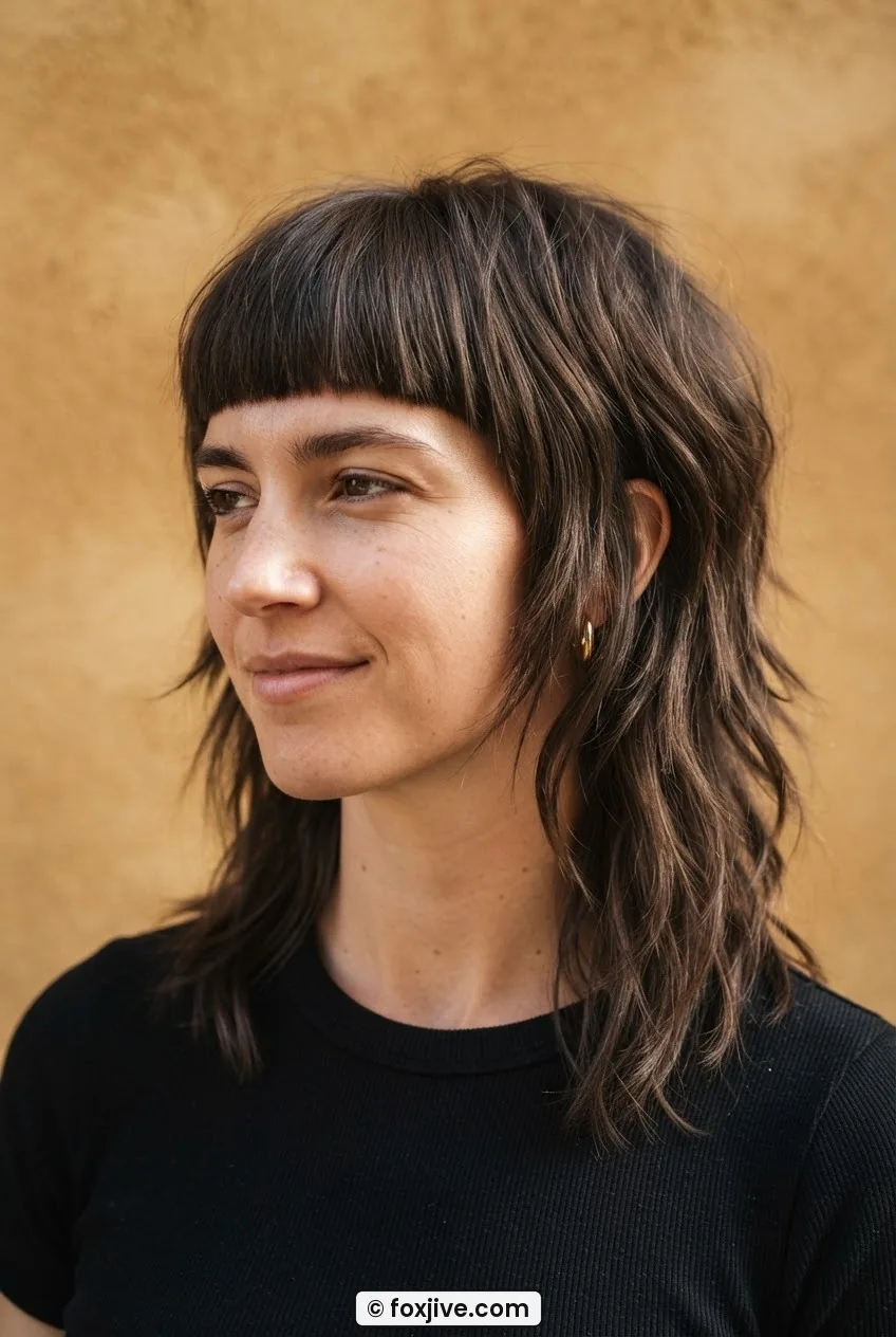 Woman with blunt straight-across fringe and visible disconnected shag layers in strong directional light