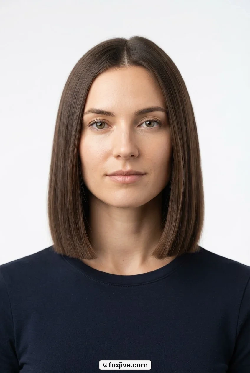 Woman with a blunt collarbone-length lob showing a perfectly even ungraduated cut line against a white studio background