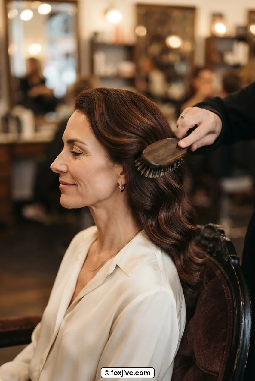 Side profile of a woman mid-brush-out with a boar bristle brush, individual curls beginning to merge into flowing waves