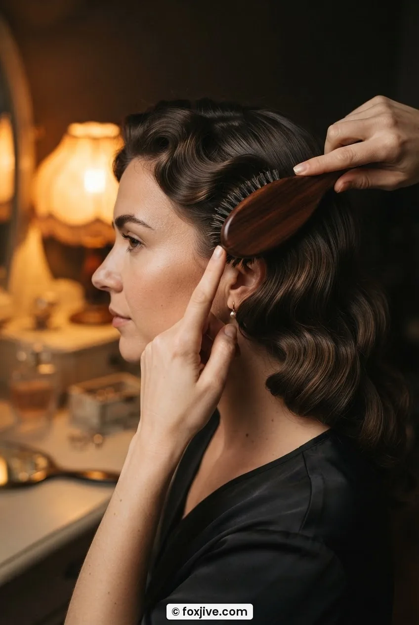 Woman drawing a boar bristle brush through unwound pin curls while pressing an emerging wave ridge with her fingers