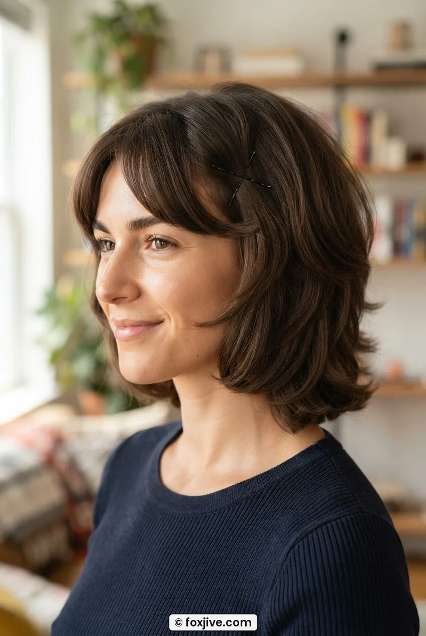 Woman with nineties layered cut showing crossed bobby pins in X formation at both temples holding curtain bangs in place