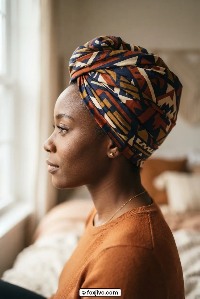 Woman in bold geometric print cotton turban headwrap shot in gentle morning window light, side profile