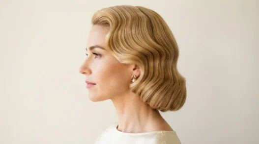 Woman with warm golden 1950s bombshell waves in side profile, smooth wave pattern visible from crown to nape in clean studio light