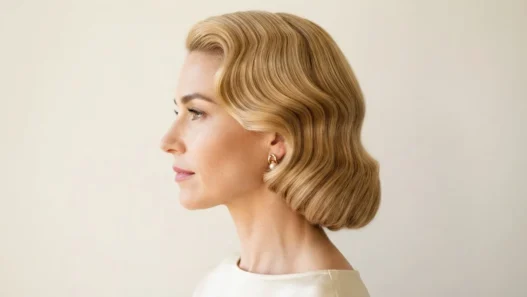 Woman with warm golden 1950s bombshell waves in side profile, smooth wave pattern visible from crown to nape in clean studio light