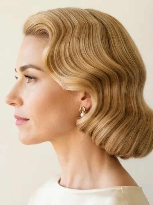 Woman with warm golden 1950s bombshell waves in side profile, smooth wave pattern visible from crown to nape in clean studio light