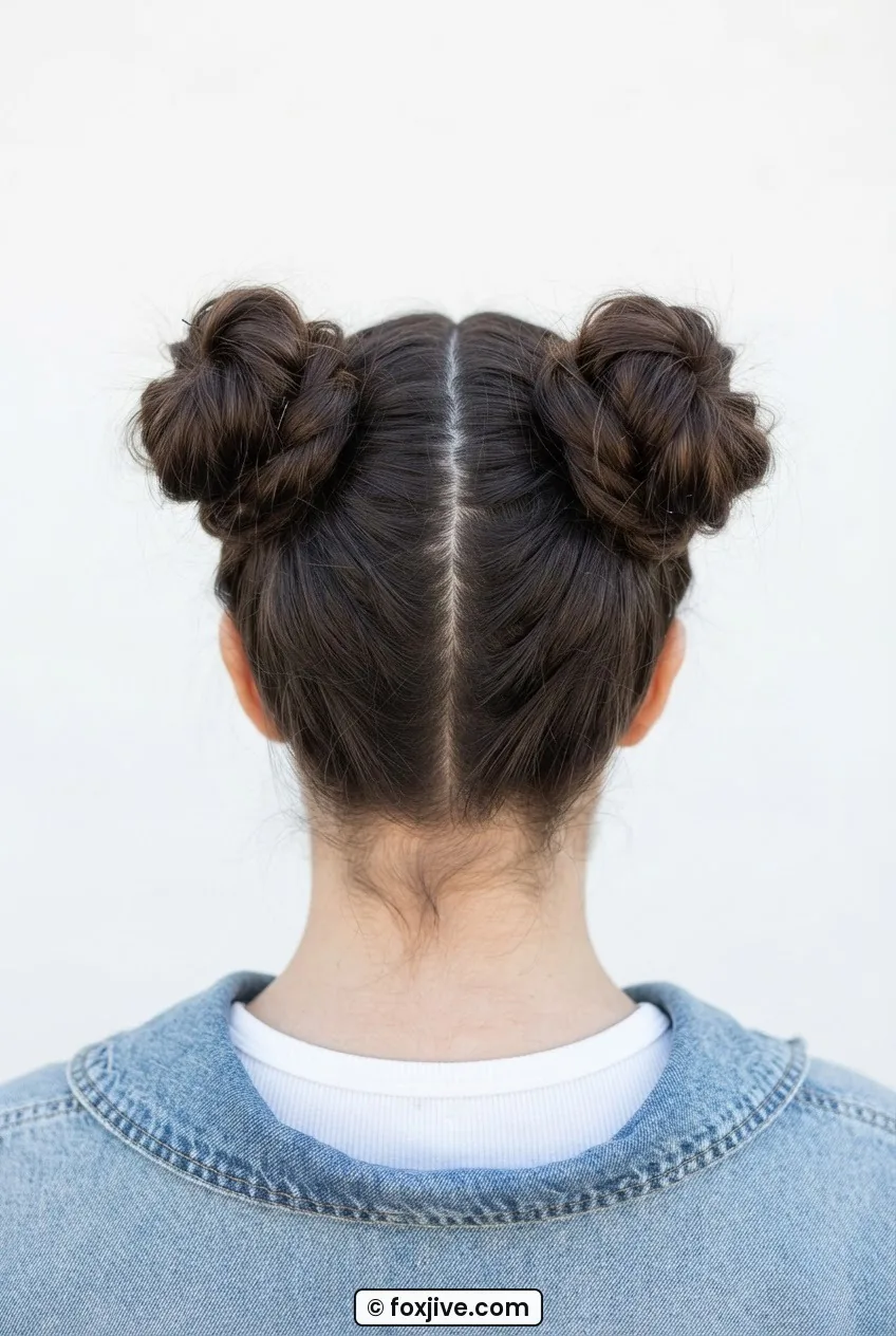 Back view of woman with both completed space buns sitting just above ear level with a textured messy finish