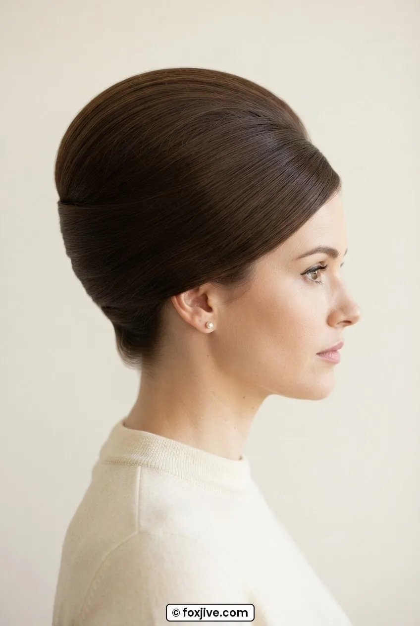 Woman in side profile wearing a rounded 1960s bouffant crown with smooth surface over teased interior