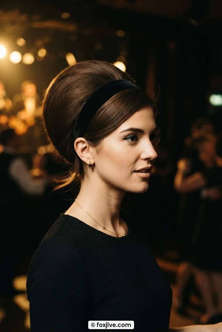 Woman with smooth rounded 1960s bouffant and velvet headband under warm dance hall stage lighting