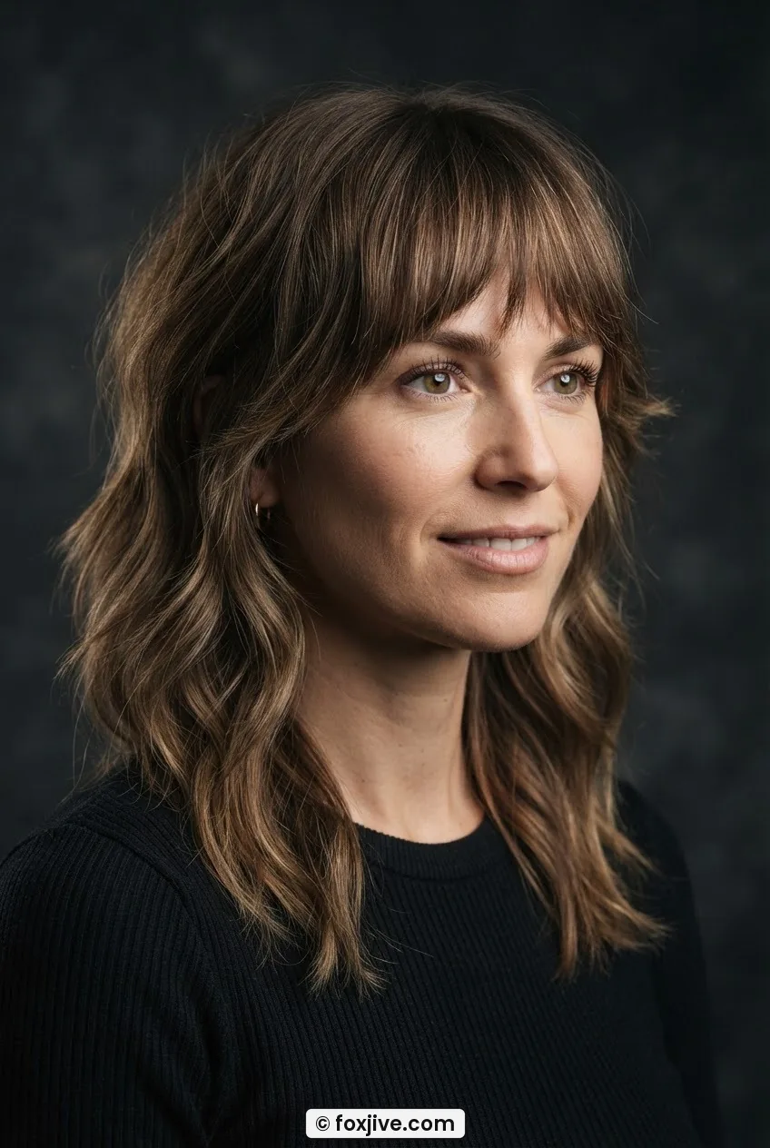 Woman with brow-grazing feathered fringe blending into face-framing layers, frontal rim lighting