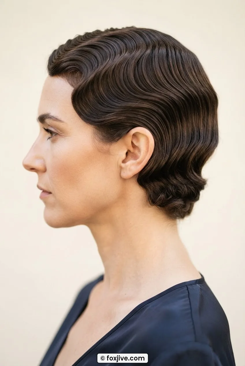 Woman with dark brown brushed-out finger waves showing shallow compressed ridges from crown to temple