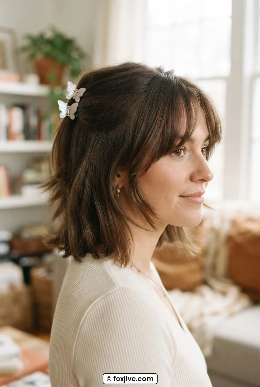 Woman with nineties layered cut wearing two iridescent butterfly clips at back of half-up section with curtain bangs fully loose