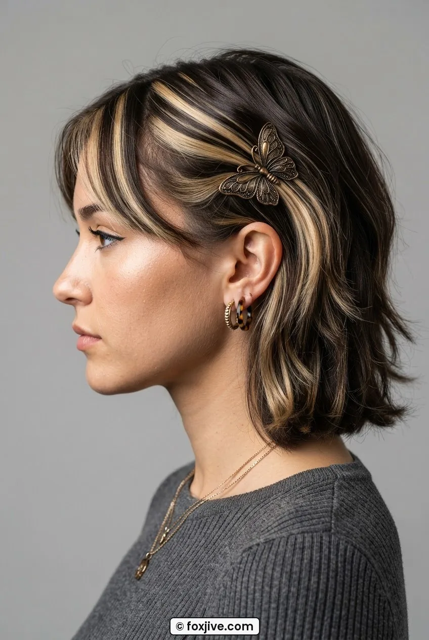 Woman with a bronze butterfly clip pinning side bang along a deep side part with chunky highlights