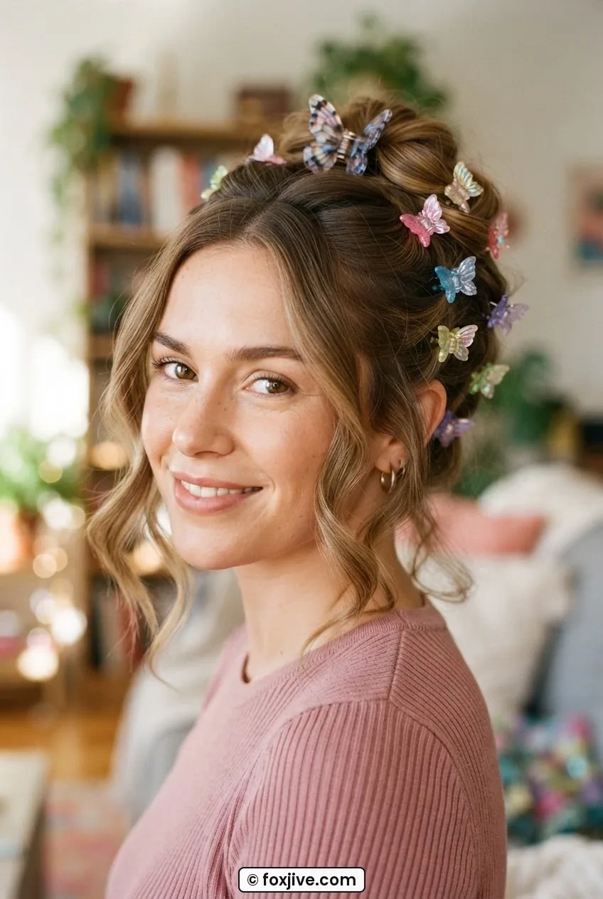 Woman with medium hair in a layered butterfly clip updo, multiple iridescent clips at the back and loose pieces at the nape