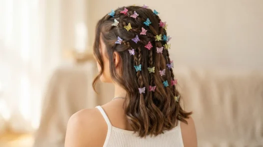 Back three quarter view of a woman with small butterfly clips scattered through a half-up section in bright even studio light