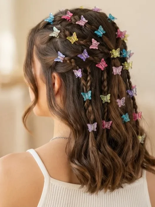 Back three quarter view of a woman with small butterfly clips scattered through a half-up section in bright even studio light