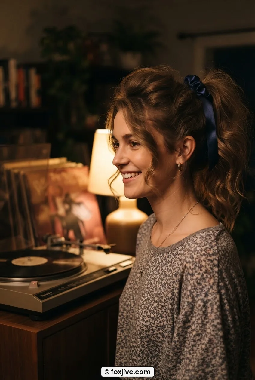 Woman with casual 1980s high side ponytail tied with a satin ribbon in warm lamplit retro portrait