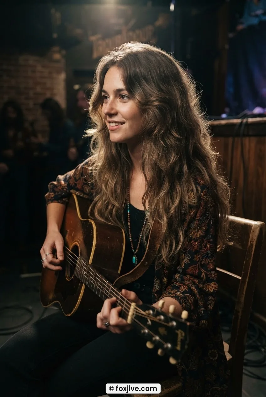Woman with long center-parted cascading hippie layers, natural feathered texture throughout the length
